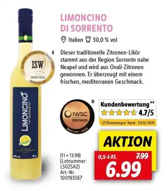 Lidl LIMONCINO DI SORRENTO 0,5 l Fl. Angebot