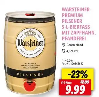 Lidl WARSTEINER PREMIUM PILSENER 5-L-BIERFASS MIT ZAPFHAHN, PFANDFREI 5 l Fass Angebot