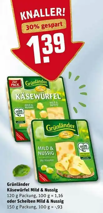 REWE Grünlander Käsewürfel Mild & Nussig Oder Scheiben Mild & Nussig Angebot