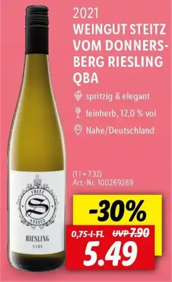 Lidl WEINGUT STEITZ VOM DONNERS- BERG RIESLING QBA 0,75 l Fl. Angebot