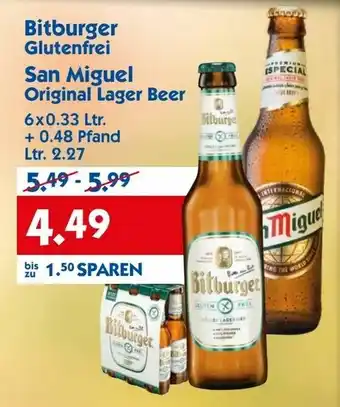 Hol'ab Getränkemarkt Bitburger Glutenfrei oder San Miguel Original Lager Beer 6x0,33L Angebot