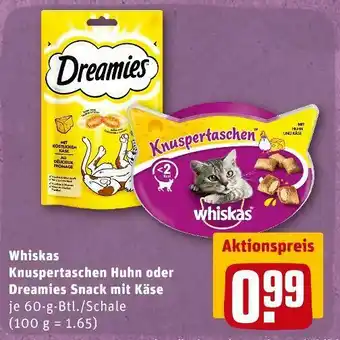 REWE Whiskas knuspertaschen huhn oder dreamies snack mit käse Angebot