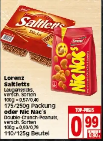 Elli Markt Lorenz Saltletts Laugencracker und andere Sorten 100g-250g oder Nic Nac's 110/125g Beutel Angebot