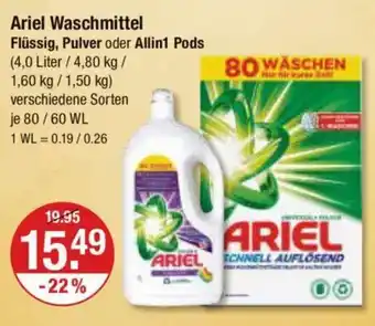 V Markt Ariel Waschmittel Flüssig, Pulver oder Allin1 Pods (4,0 Liter / 4,80 kg / 1,60 kg / 1,50 kg) Angebot