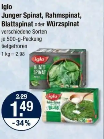 V Markt Iglo Junger Spinat, Rahmspinat, Blattspinat oder Würzspinat verschiedene Sorten je 500-g-Packung Angebot