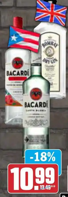 AEZ Bacardi Carta Blanca, Razz oder Bombay Dry Gin 0,7 L Flasche Angebot