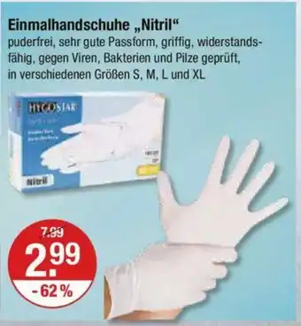 V Markt HYGOSTAR Einmalhandschuhe "Nitril" in verschiedenen Größen S, M, L und XL Angebot