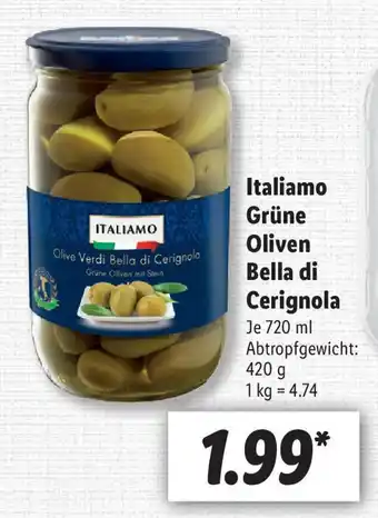 Lidl Italiamo Grüne Oliven Bella di Cerignola 720ml Angebot