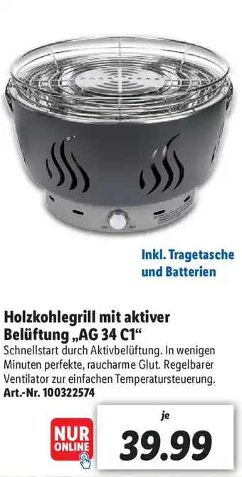 Lidl Holzkohlegrill mit aktiver Belüftung ,,AG 34 C1" Angebot