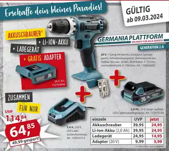 Sonderpreis Baumarkt GERMANIA PLATTFORM Akkuschrauber, Li-Ion-Akku (2,0 Ah), Ladegerät, Adapter (20 V) Angebot