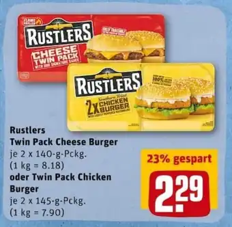 REWE PETZ Rustlers Twin Pack Cheese Burger 2x140g oder Twin Pack Chicken Burger 2x145g Angebot