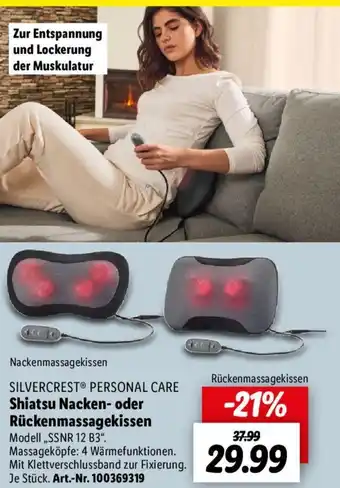 Lidl SILVERCREST PERSONAL CARE Shiatsu Nacken- oder Rückenmassagekissen Modell ,,SSNR 12 B3". Angebot