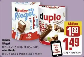 REWE Kinder Riegel 10 x 21 g Pckg. oder Duplo 10 x 18,2 g Pckg. Angebot