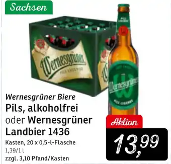 KONSUM Wernesgrüner Biere Pils, alkoholfrei oder Wernesgrüner Landbier 1436 Kasten, 20 x 0,5-l-Flasche Angebot