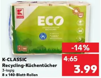 Kaufland K-CLASSIC Recycling-Küchentücher 8 x 140-Blatt-Rollen Angebot