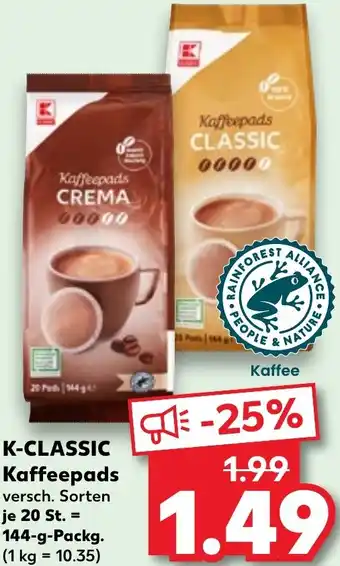 Kaufland K-CLASSIC Kaffeepads 144 g Packg. Angebot