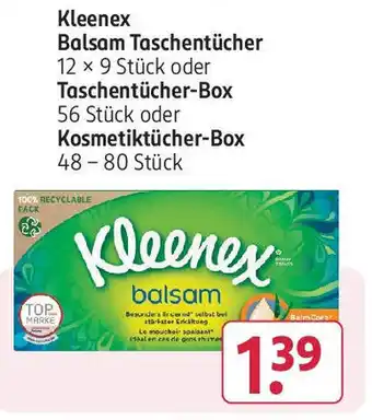 Rossmann Kleenex Balsam Taschentücher 12 x 9 Stück oder Taschentücher-Box 56 Stück oder Kosmetiktücher-Box 48 - 80 Stück Angebot