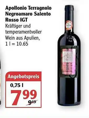 Globus Apollonio Terragnolo Negroamaro Salento Rosso Igt Angebot