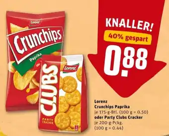 REWE PETZ Lorenz Crunchips Paprika 175g Beutel oder Party Clubs Cracker 200g Angebot