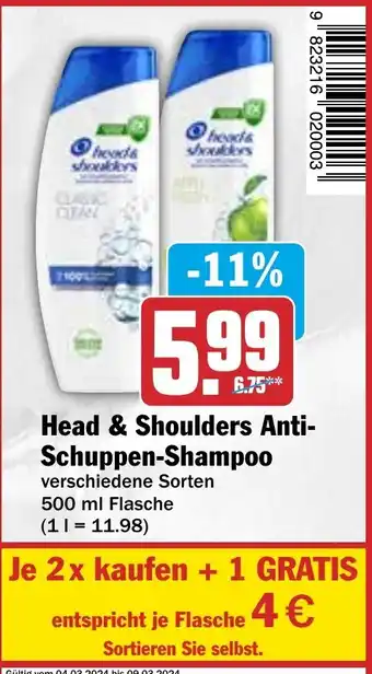 Hit Head & Shoulders Anti-Schuppen-Shampoo verschiedene Sorten 500 ml Flasche Angebot