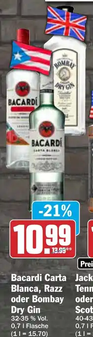 Hit Bacardi Carta Blanca, Razz oder Bombay Dry Gin 0,71 Flasche Angebot