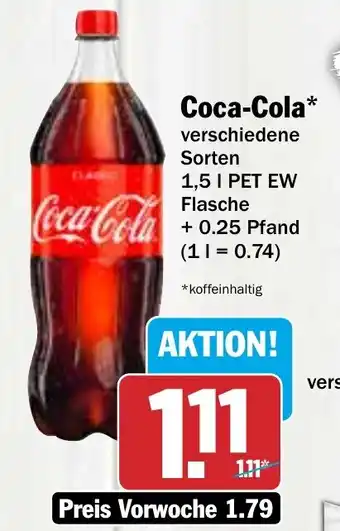 Hit Coca-Cola verschiedene Sorten 1,5 I PET EW Flasche Angebot