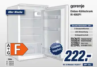 Expert Bening Gorenje Einbau Kühlschrank RI 4092P1 Angebot