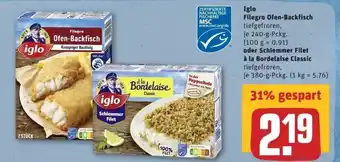 REWE Center Iglo Filegro Ofen Backfisch 240g oder Schlemmer Filet à la Bordelaise Classic 380g Angebot