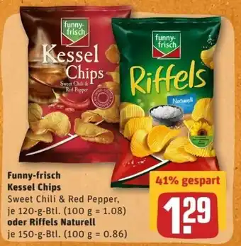 REWE Center Funny Frisch Kessel Chips 120g oder Riffels Naturell 150g Angebot