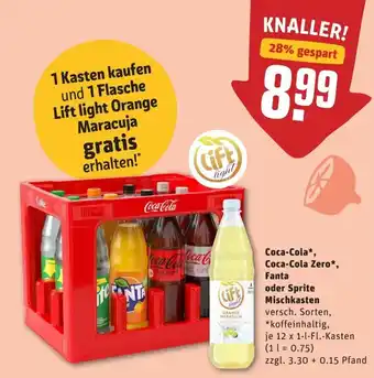 REWE Center Coca Cola, Coca Cola Zero, Fanta oder Sprite Mischkasten 12x1L Angebot