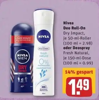 REWE Center Nivea Deo Roll on 50ml oder Deospray 150ml Angebot