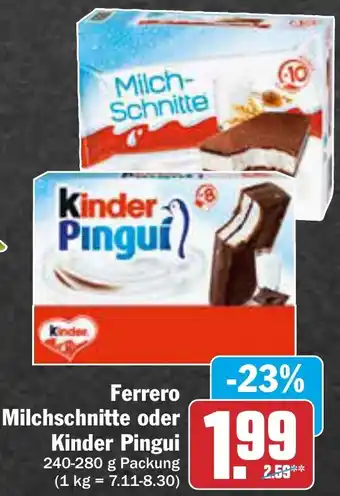 AEZ Ferrero Milchschnitte oder Kinder Pingui 240-280 g Packung Angebot