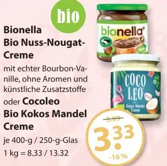 V Markt Bionella Bio Nuss-Nougat-Creme oder Cocoleo Bio Kokos Mandel Creme 400/250 g Glas Angebot