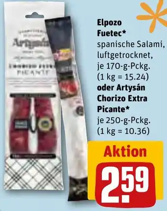 REWE Elpozo Fuetec 170 g oder Artysán Chorizo Extra Picante 250 g Pckg. Angebot