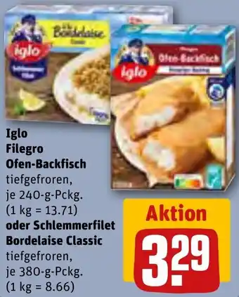 REWE Iglo Filegro Ofen-Backfisch 240 g oder Schlemmerfilet Bordelaise Classic 380 g Pckg. Angebot