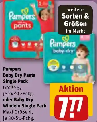 REWE Pampers Baby Dry Pants Single Pack 24 St. oder Baby Dry Windeln Single Pack 30 St. Pckg. Angebot