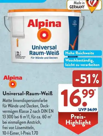 Aldi Süd Alpina Universal Raum-Weiß 10 L Eimer Angebot