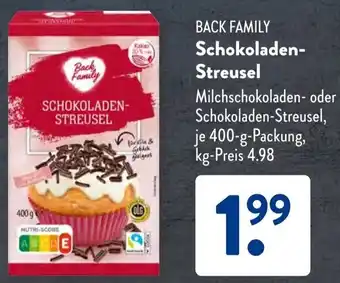 Aldi Süd BACK FAMILY Schokoladen Streusel 400 g Packung Angebot