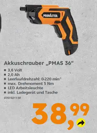 Globus Baumarkt PRIMASTER Akkuschrauber "PMAS 36" Angebot