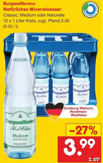 Netto Marken-Discount Burgwallbronn Natürliches Mineralwasser 12 x 1 Liter Kiste Angebot