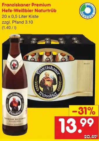 Netto Marken-Discount Franziskaner Premium Hefe-Weißbier Naturtrüb 20 x 0,5 Liter Kiste Angebot