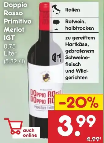 Netto Marken-Discount Doppio Rosso Primitivo Merlot IGT 0,75 Liter Angebot