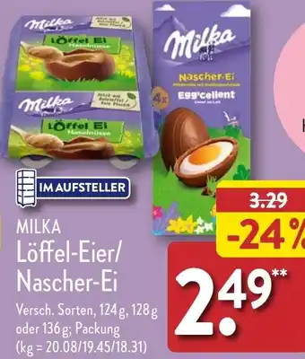 Aldi Nord MILKA Löffel-Eier/ Nascher-Ei 124 g, 128g oder 136 g Angebot