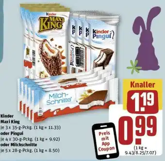 REWE Kinder Maxi King 3x 35-g-Pckg. oder Pingui 4 x 30-g-Pckg. oder Milch- Schnitte 5 x 28 g Pckg. Angebot