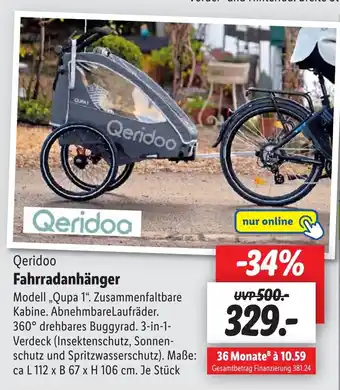 Lidl Qeridoo Fahrradanhänger Modell "Qupa 1" Angebot