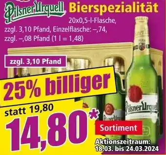 Norma Pilsner Urquell Bierspezialität 20x0,5 L Flasche Angebot