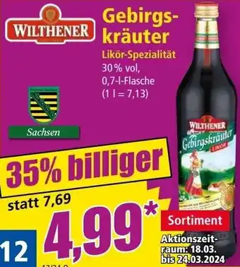 Norma WILTHENER Gebirgskräuter 0,7 L Flasche Angebot