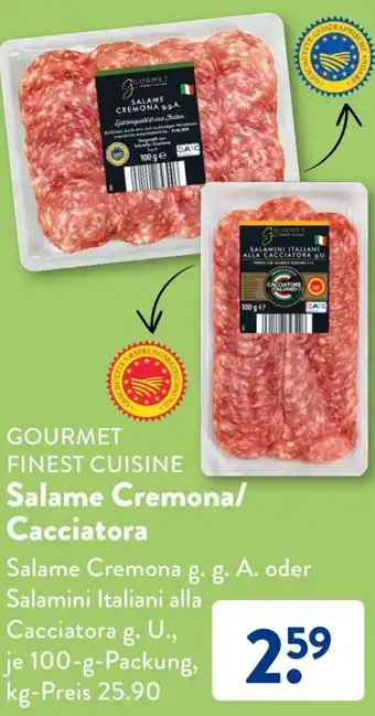 Aldi Süd GOURMET FINEST CUISINE Salame Cremona/ Cacciatora 100 g Packung Angebot