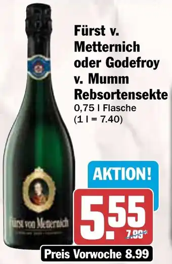 Hit Fürst v. Metternich oder Godefroy v. Mumm Rebsortensekte 0,75 L Flasche Angebot