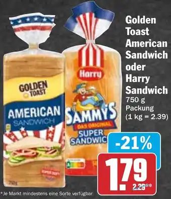 Hit Golden Toast American Sandwich oder Harry Sandwich 750 g Packung Angebot